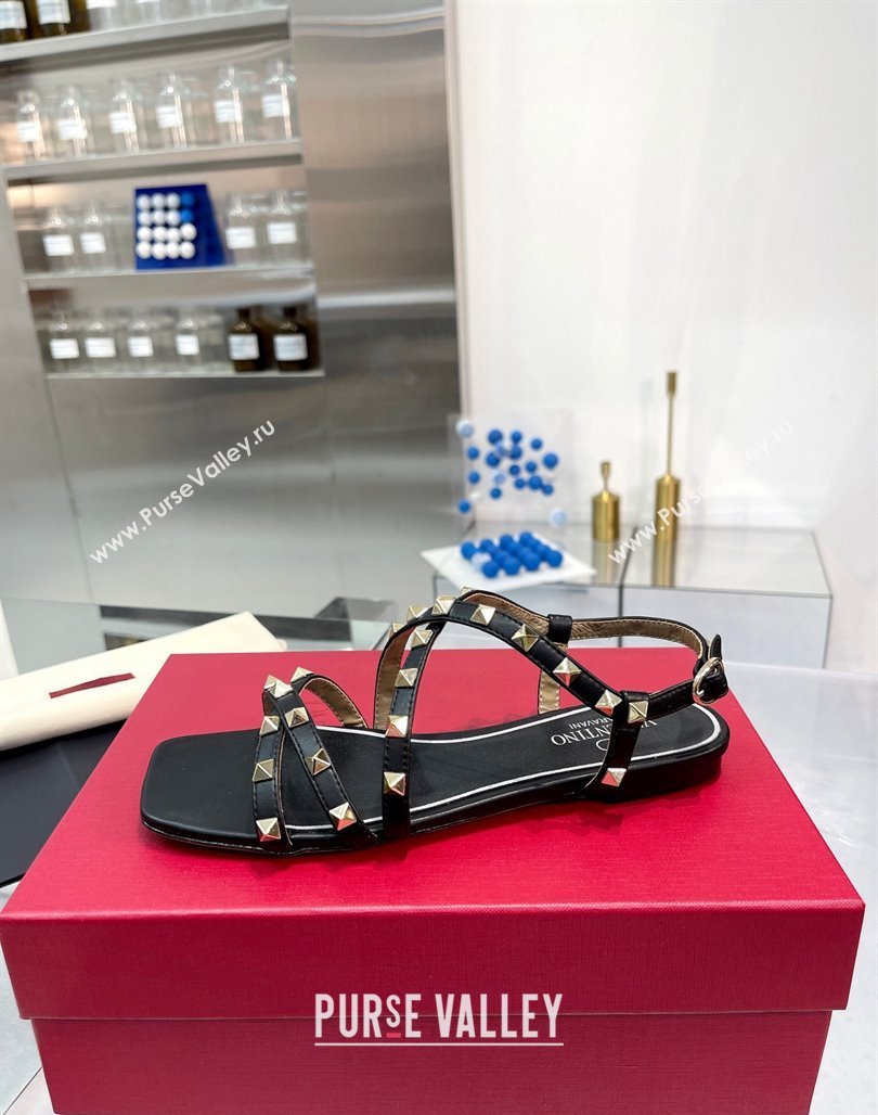 Valentino Rockstud Calfskin Flat Sandals with Strap Black 2024 0328 (XL-240328004)