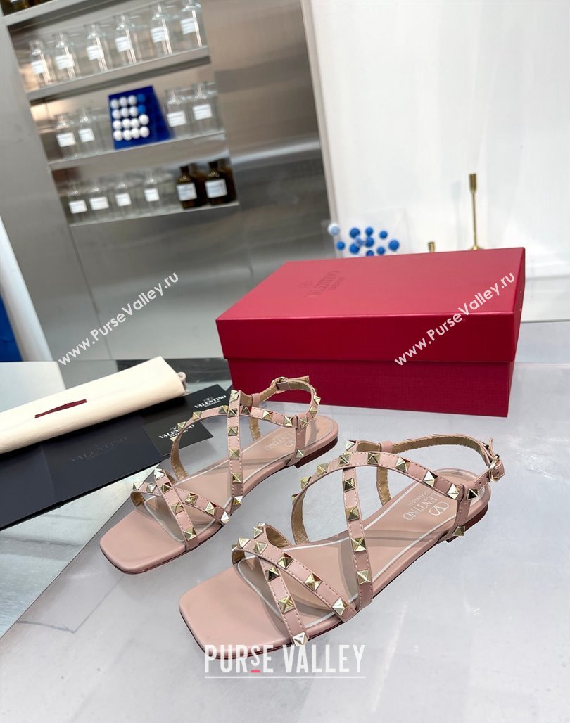 Valentino Rockstud Calfskin Flat Sandals with Strap Nude 2024 0328 (XL-240328006)