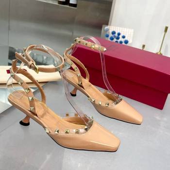 Valentino Rockstud Slingback Pumps 5cm with Ankle Strap in Patent Calfskin Nude 2024 0328 (XL-240328010)