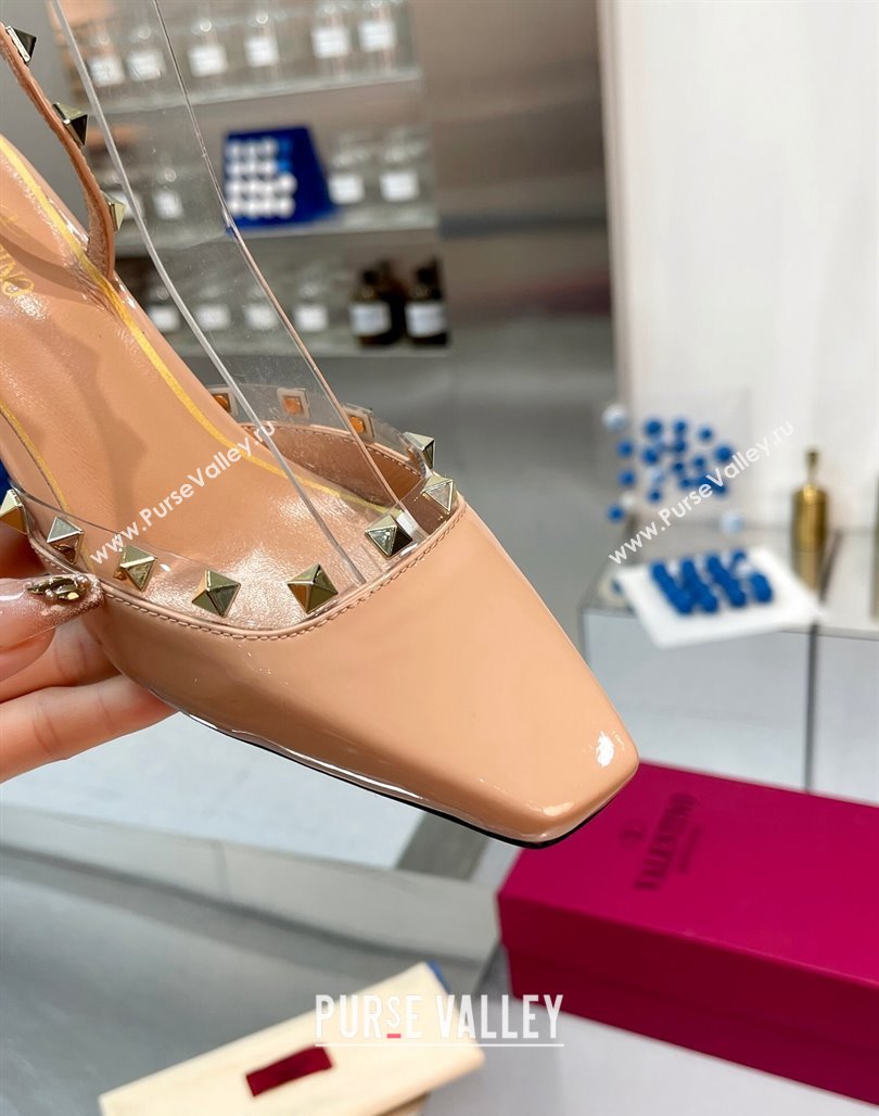 Valentino Rockstud Slingback Pumps 5cm with Ankle Strap in Patent Calfskin Nude 2024 0328 (XL-240328010)