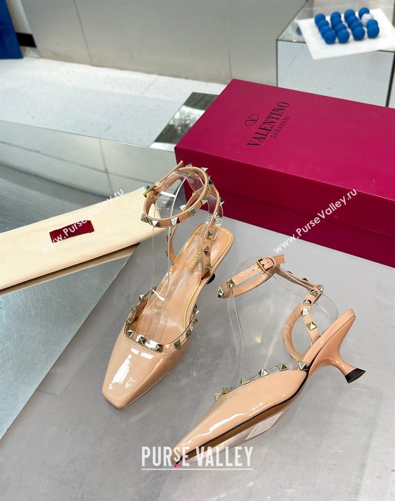 Valentino Rockstud Slingback Pumps 5cm with Ankle Strap in Patent Calfskin Nude 2024 0328 (XL-240328010)