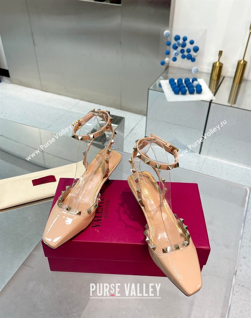 Valentino Rockstud Slingback Pumps 5cm with Ankle Strap in Patent Calfskin Nude 2024 0328 (XL-240328010)