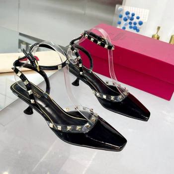 Valentino Rockstud Slingback Pumps 5cm with Ankle Strap in Patent Calfskin Black 2024 0328 (XL-240328012)