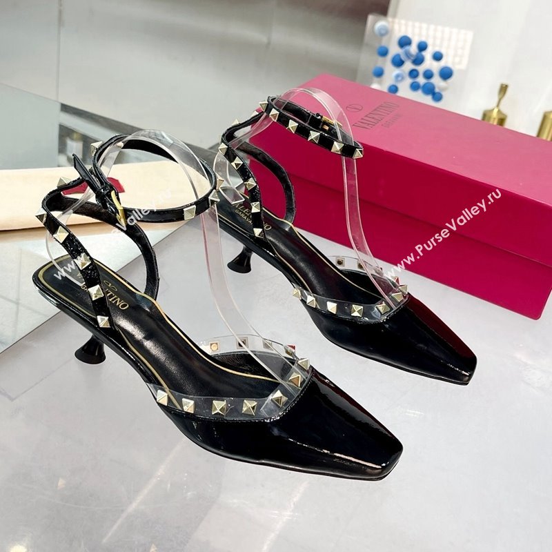 Valentino Rockstud Slingback Pumps 5cm with Ankle Strap in Patent Calfskin Black 2024 0328 (XL-240328012)