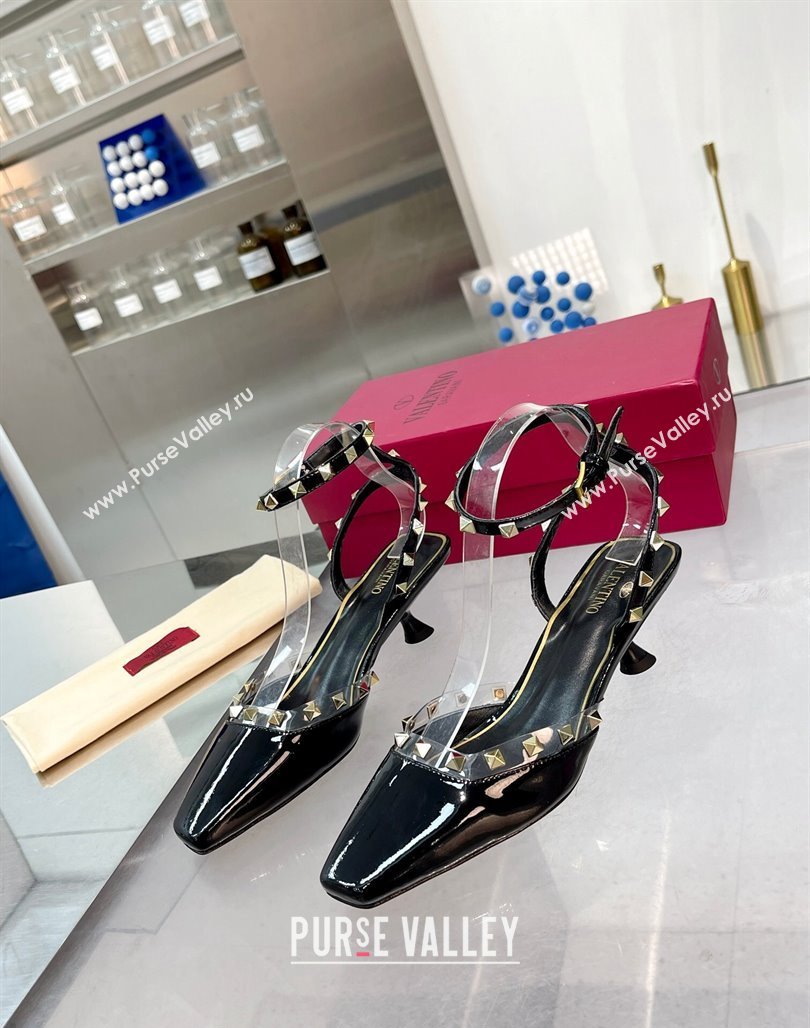 Valentino Rockstud Slingback Pumps 5cm with Ankle Strap in Patent Calfskin Black 2024 0328 (XL-240328012)