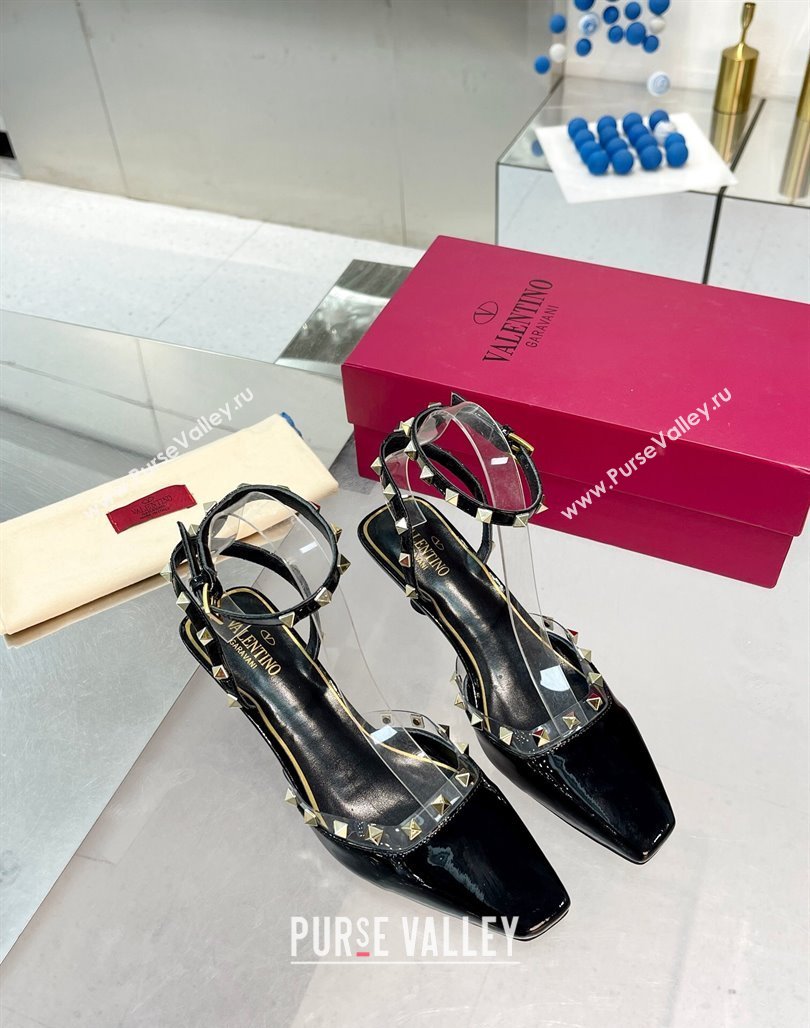 Valentino Rockstud Slingback Pumps 5cm with Ankle Strap in Patent Calfskin Black 2024 0328 (XL-240328012)