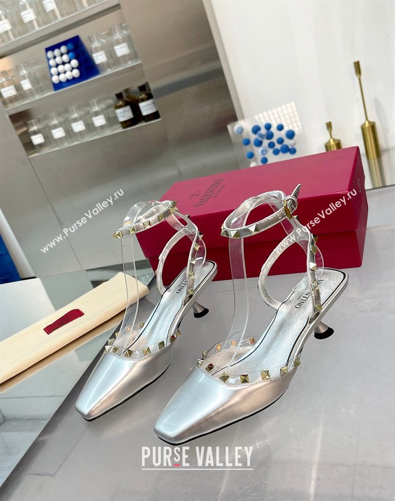 Valentino Rockstud Slingback Pumps 5cm with Ankle Strap in Patent Calfskin Silver 2024 0328 (XL-240328013)