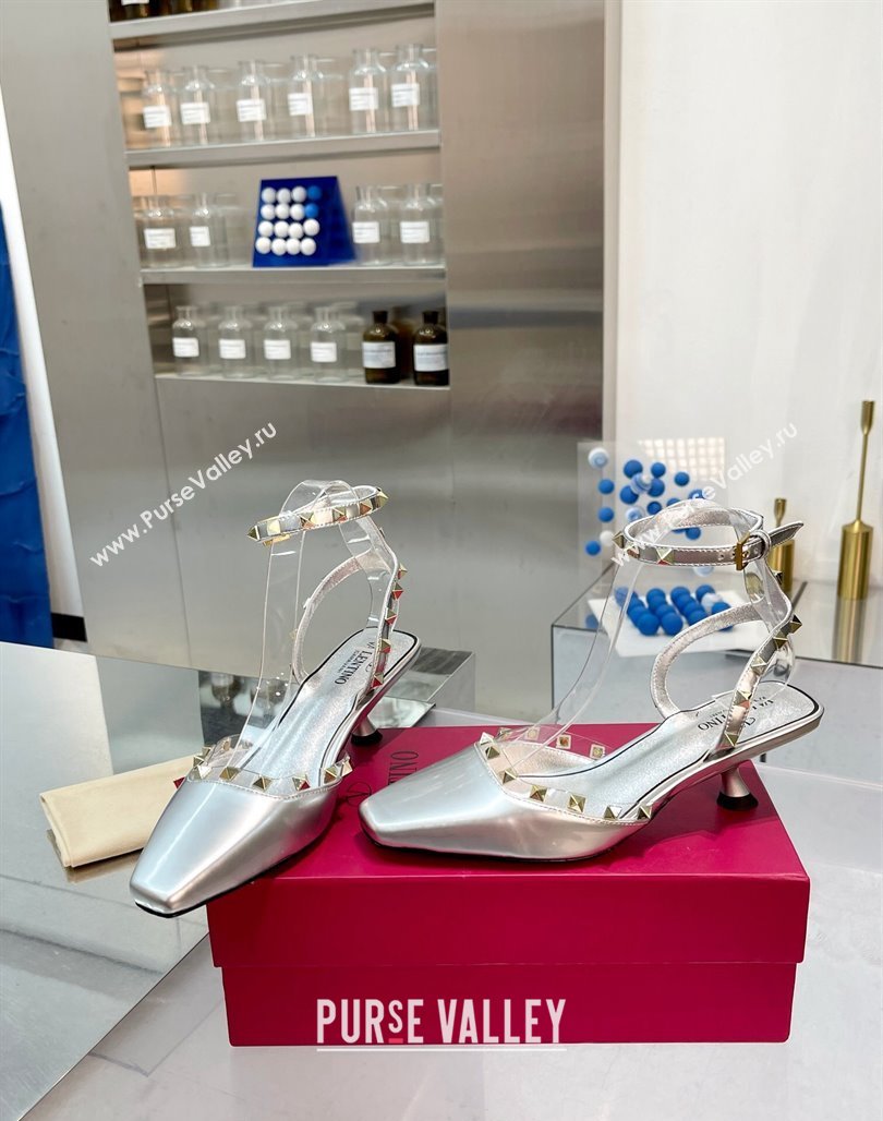 Valentino Rockstud Slingback Pumps 5cm with Ankle Strap in Patent Calfskin Silver 2024 0328 (XL-240328013)