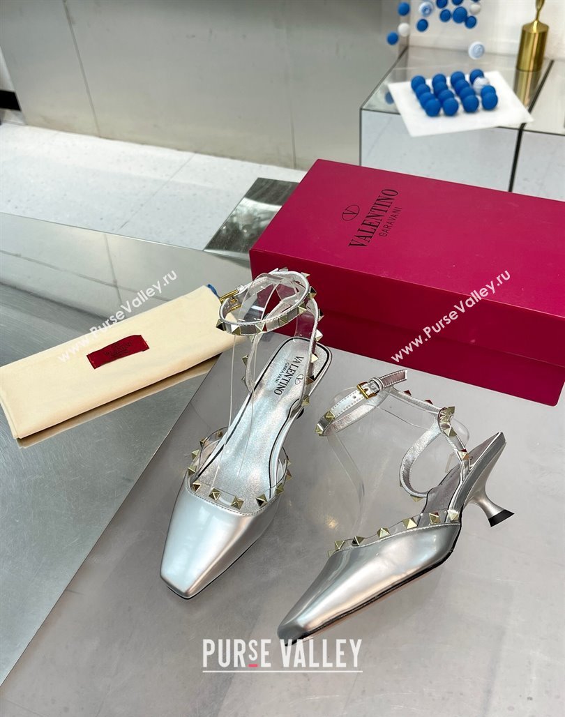 Valentino Rockstud Slingback Pumps 5cm with Ankle Strap in Patent Calfskin Silver 2024 0328 (XL-240328013)