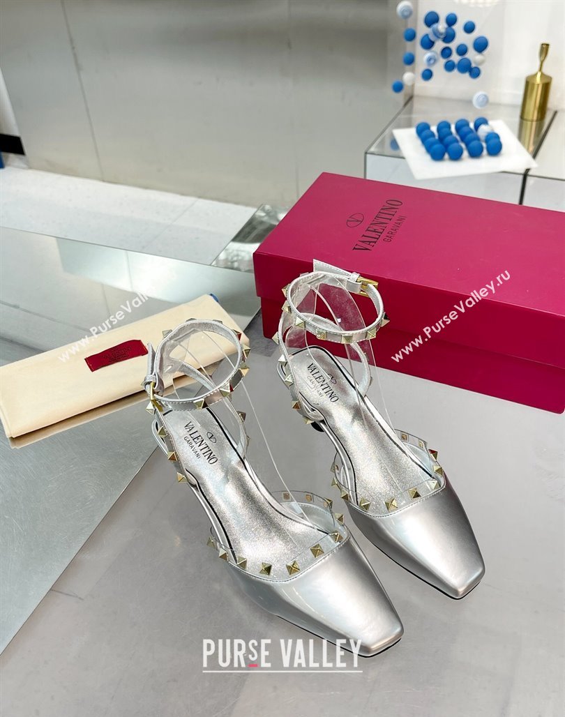 Valentino Rockstud Slingback Pumps 5cm with Ankle Strap in Patent Calfskin Silver 2024 0328 (XL-240328013)