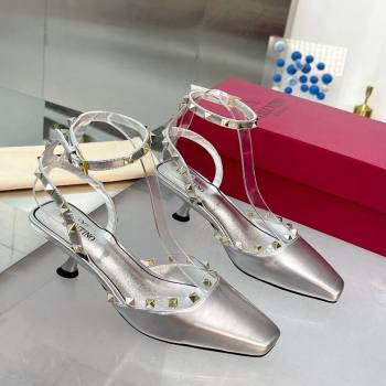 Valentino Rockstud Slingback Pumps 5cm with Ankle Strap in Patent Calfskin Silver 2024 0328 (XL-240328013)