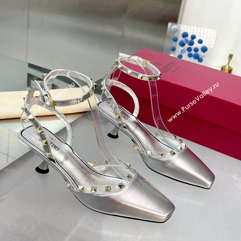 Valentino Rockstud Slingback Pumps 5cm with Ankle Strap in Patent Calfskin Silver 2024 0328 (XL-240328013)