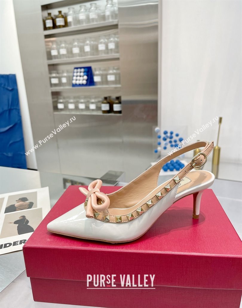 Valentino Rockstud Slingback Pumps 6.5cm with Bow in Patent Calfskin White 2024 0328 (XL-240328014)