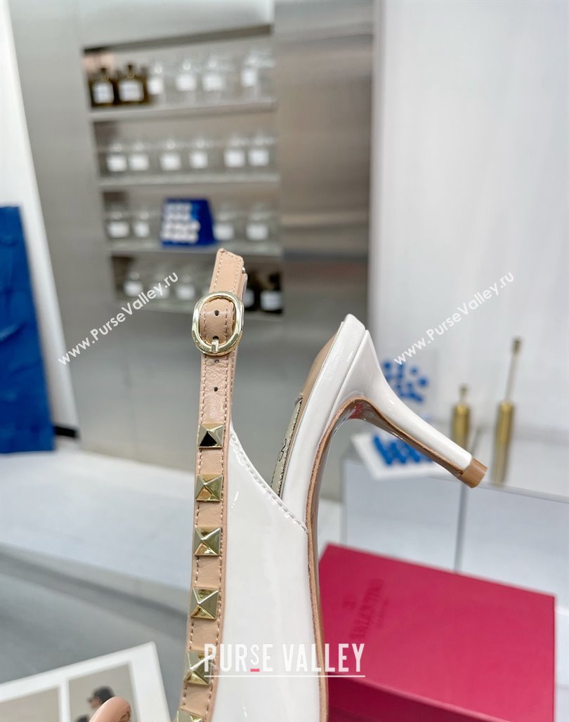 Valentino Rockstud Slingback Pumps 6.5cm with Bow in Patent Calfskin White 2024 0328 (XL-240328014)