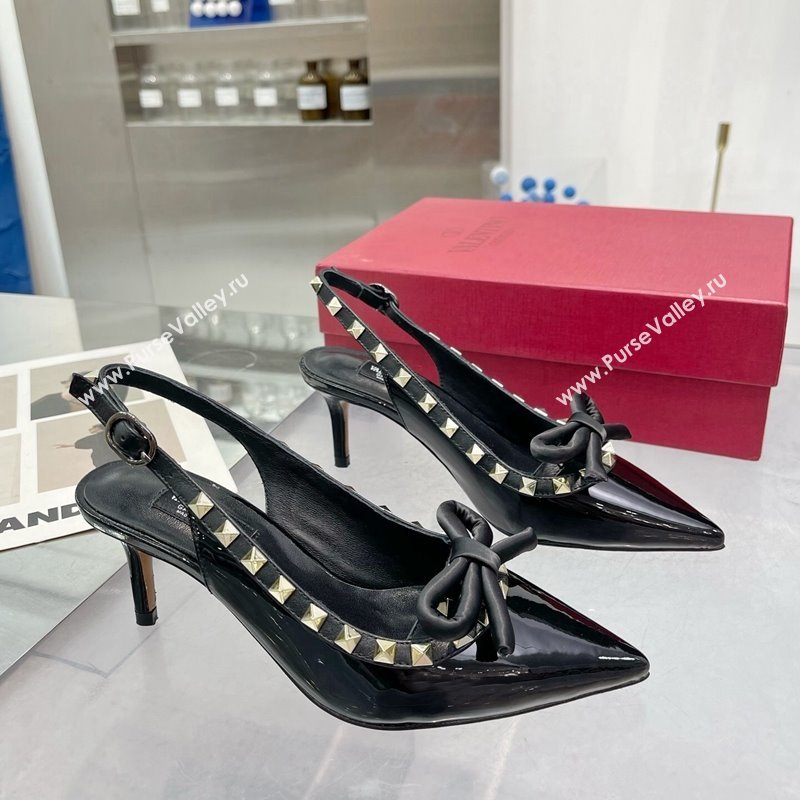 Valentino Rockstud Slingback Pumps 6.5cm with Bow in Patent Calfskin Black/Gold 2024 0328 (XL-240328015)