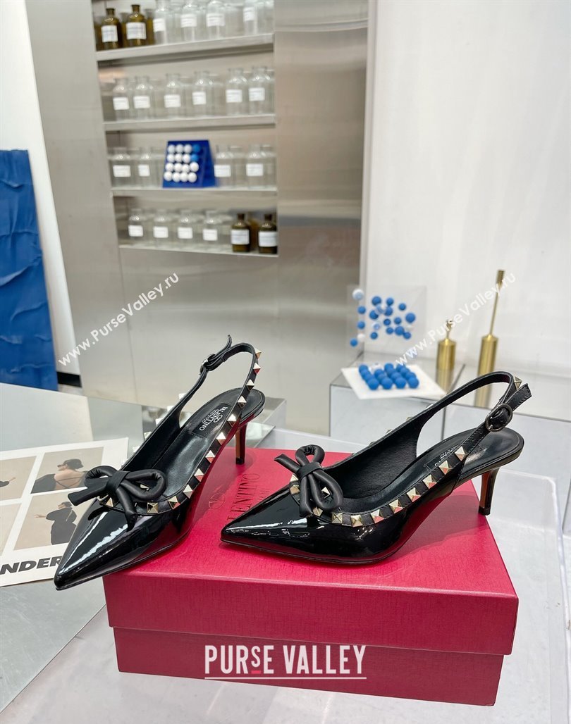 Valentino Rockstud Slingback Pumps 6.5cm with Bow in Patent Calfskin Black/Gold 2024 0328 (XL-240328015)