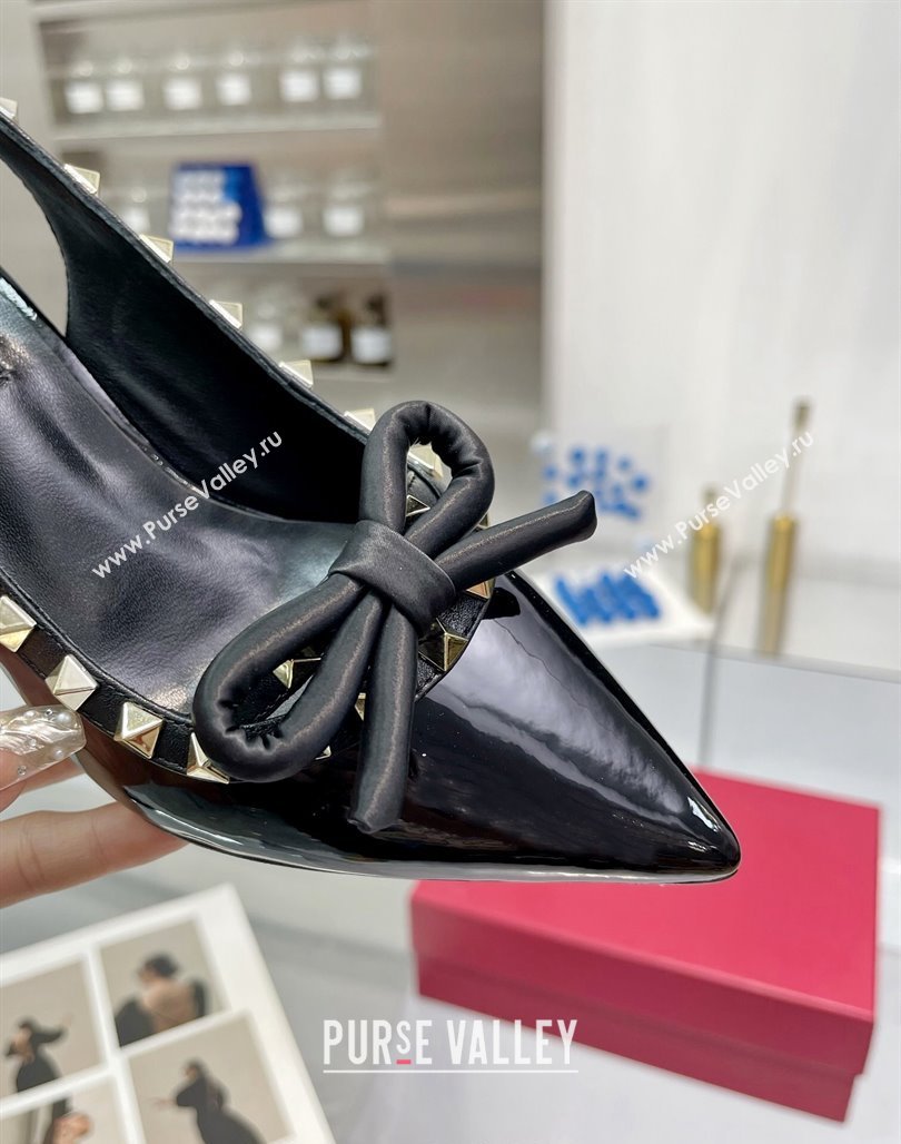 Valentino Rockstud Slingback Pumps 6.5cm with Bow in Patent Calfskin Black/Gold 2024 0328 (XL-240328015)