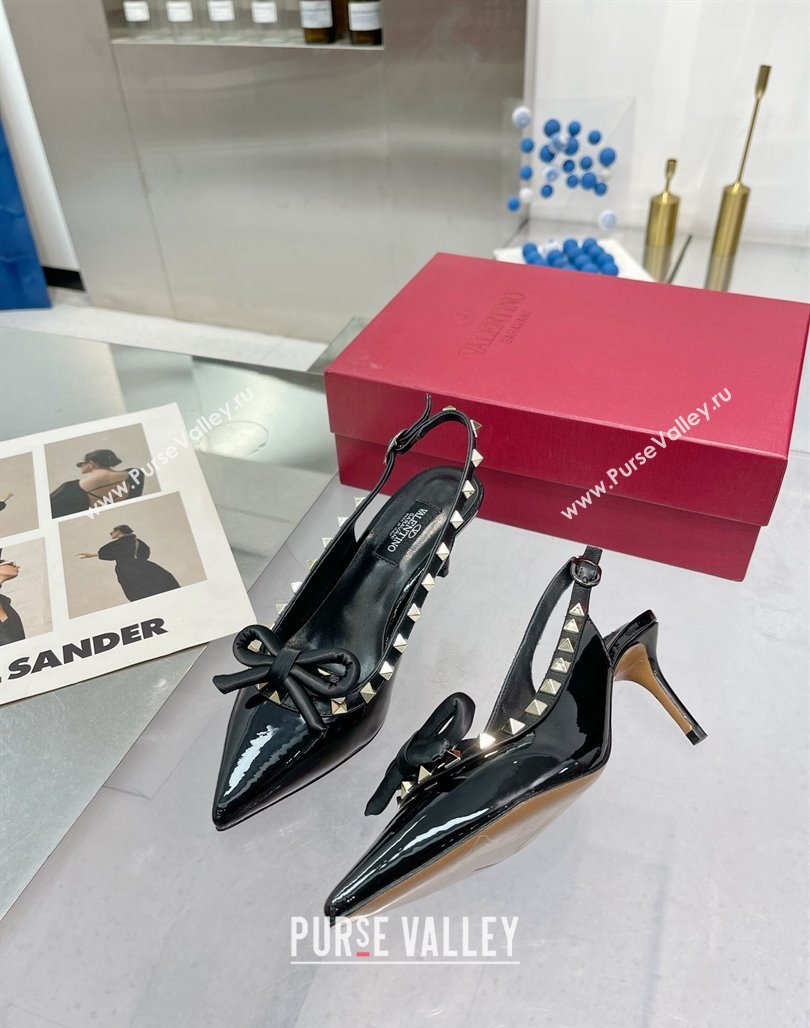 Valentino Rockstud Slingback Pumps 6.5cm with Bow in Patent Calfskin Black/Gold 2024 0328 (XL-240328015)