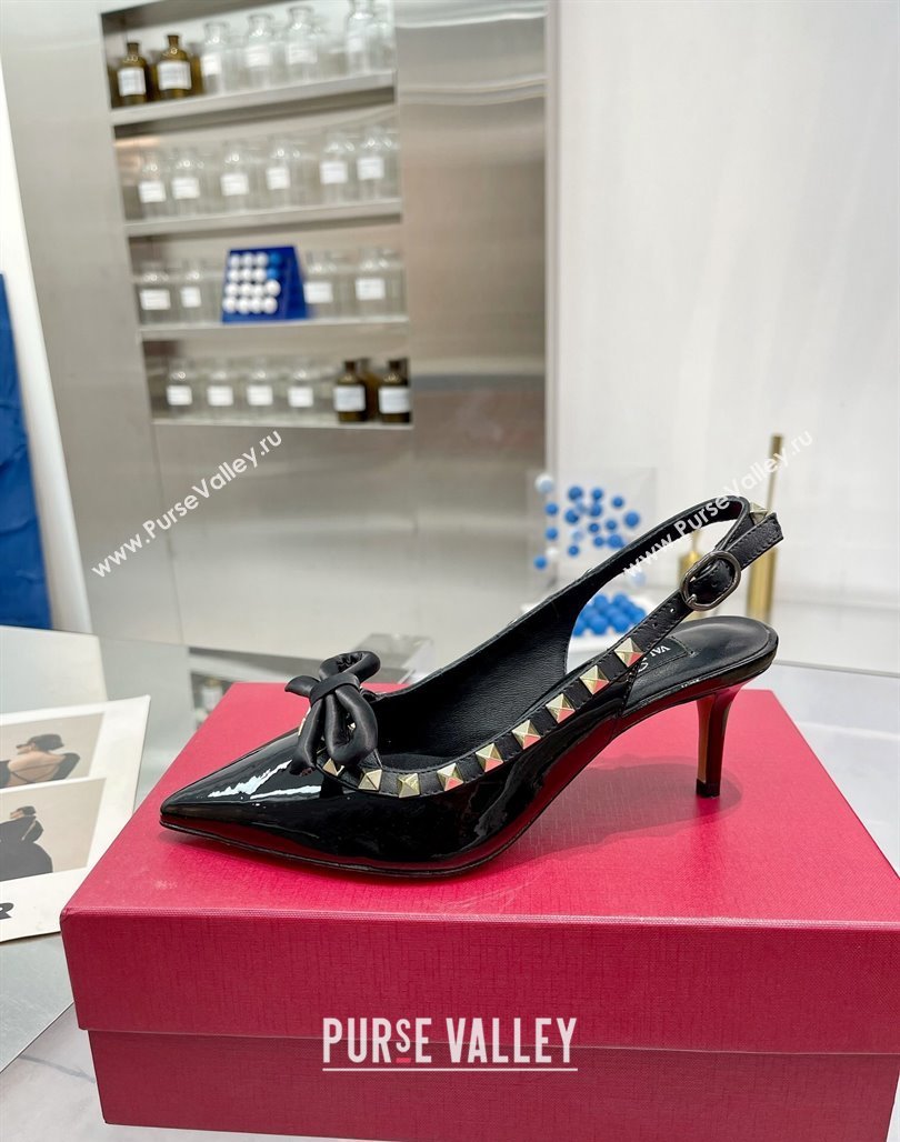 Valentino Rockstud Slingback Pumps 6.5cm with Bow in Patent Calfskin Black/Gold 2024 0328 (XL-240328015)