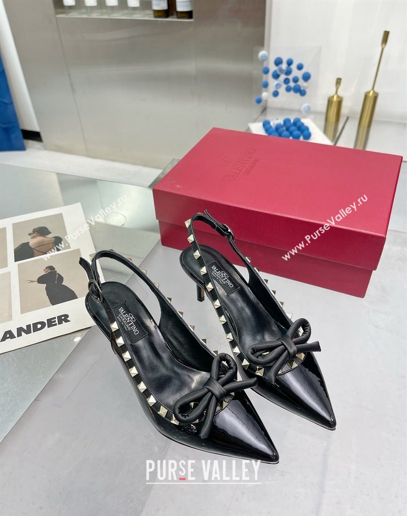 Valentino Rockstud Slingback Pumps 6.5cm with Bow in Patent Calfskin Black/Gold 2024 0328 (XL-240328015)