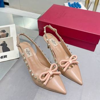 Valentino Rockstud Slingback Pumps 6.5cm with Bow in Patent Calfskin Nude 2024 0328 (XL-240328016)