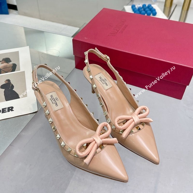 Valentino Rockstud Slingback Pumps 6.5cm with Bow in Patent Calfskin Nude 2024 0328 (XL-240328016)