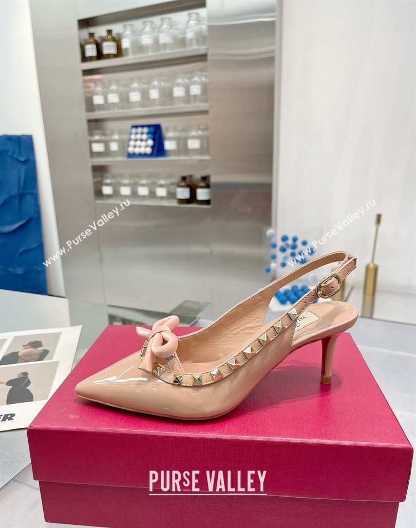 Valentino Rockstud Slingback Pumps 6.5cm with Bow in Patent Calfskin Nude 2024 0328 (XL-240328016)