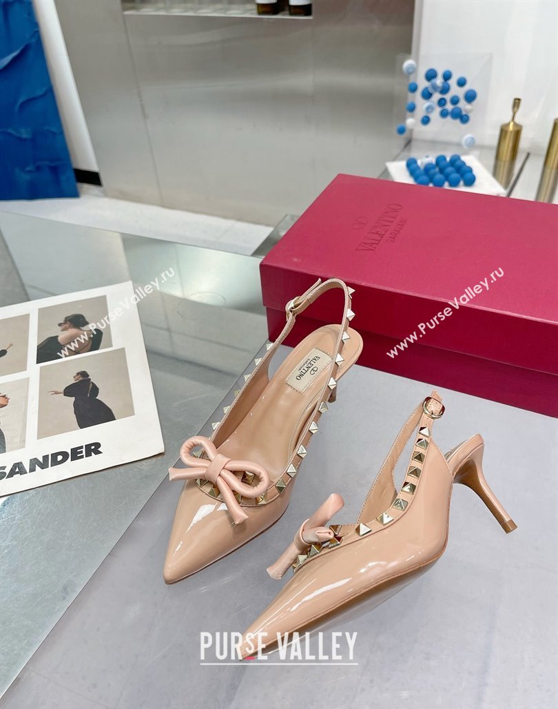 Valentino Rockstud Slingback Pumps 6.5cm with Bow in Patent Calfskin Nude 2024 0328 (XL-240328016)