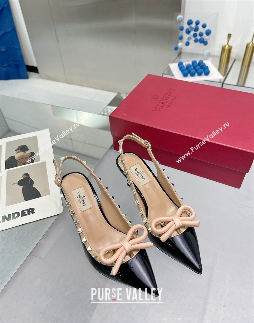 Valentino Rockstud Slingback Pumps 6.5cm with Bow in Patent Calfskin Black 2024 0328 (XL-240328018)