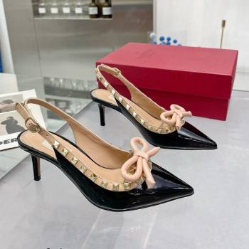 Valentino Rockstud Slingback Pumps 6.5cm with Bow in Patent Calfskin Black 2024 0328 (XL-240328018)