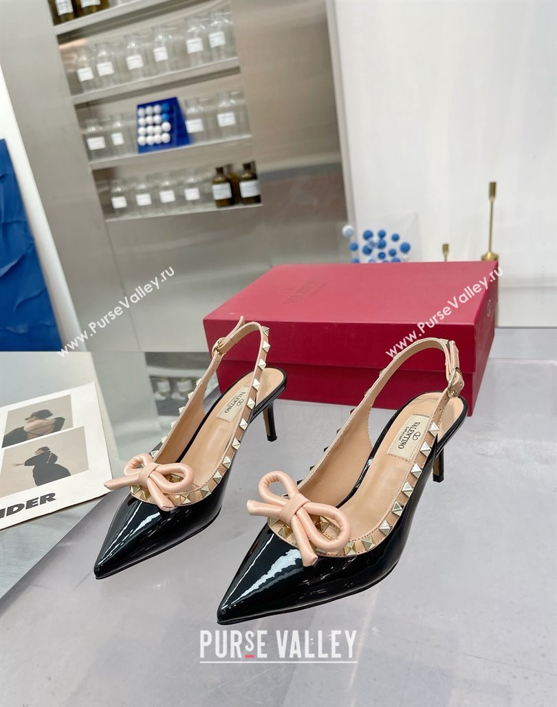 Valentino Rockstud Slingback Pumps 6.5cm with Bow in Patent Calfskin Black 2024 0328 (XL-240328018)