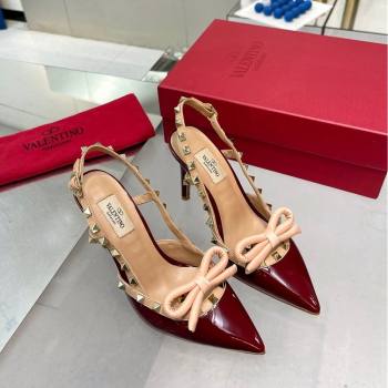 Valentino Rockstud Slingback Pumps 9.5cm with Bow in Patent Calfskin Burgundy 2024 0328 (XL-240328021)