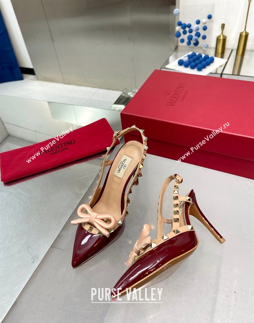 Valentino Rockstud Slingback Pumps 9.5cm with Bow in Patent Calfskin Burgundy 2024 0328 (XL-240328021)