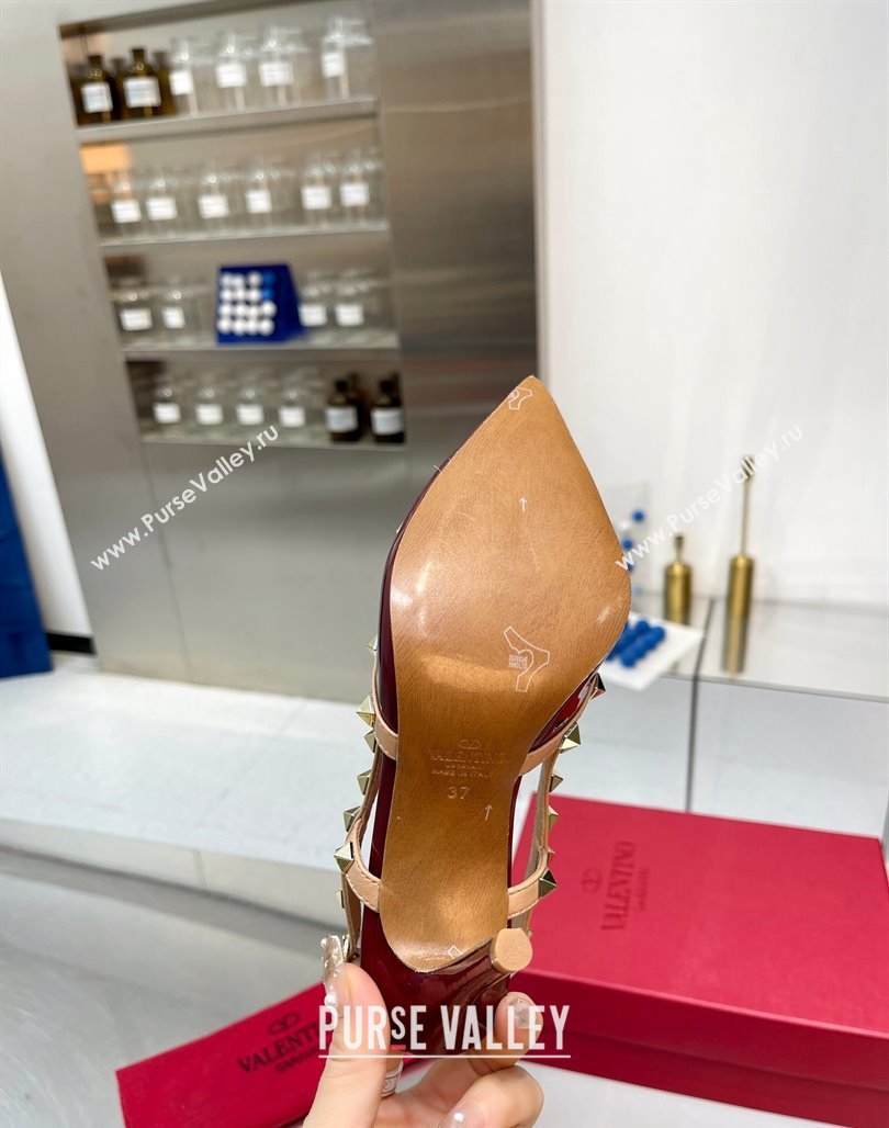 Valentino Rockstud Slingback Pumps 9.5cm with Bow in Patent Calfskin Burgundy 2024 0328 (XL-240328021)