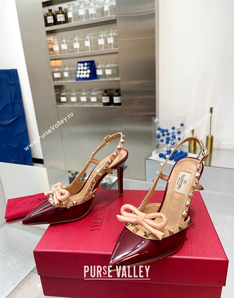 Valentino Rockstud Slingback Pumps 9.5cm with Bow in Patent Calfskin Burgundy 2024 0328 (XL-240328021)