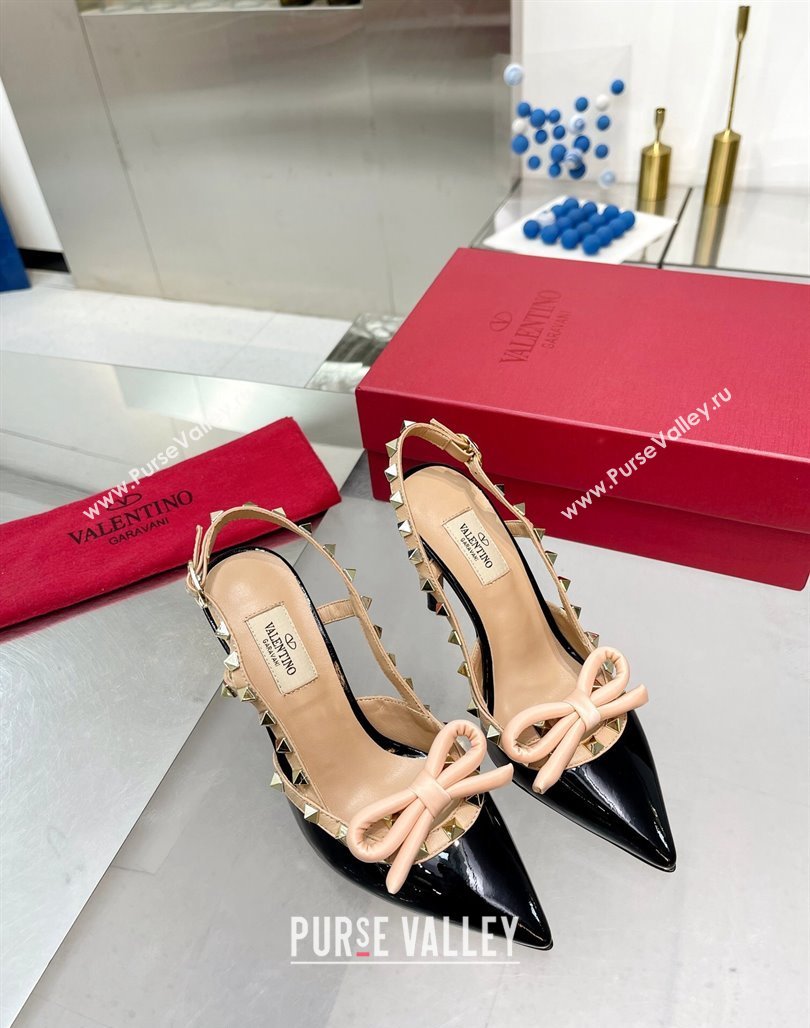 Valentino Rockstud Slingback Pumps 9.5cm with Bow in Patent Calfskin Black/Gold 2024 0328 (XL-240328022)