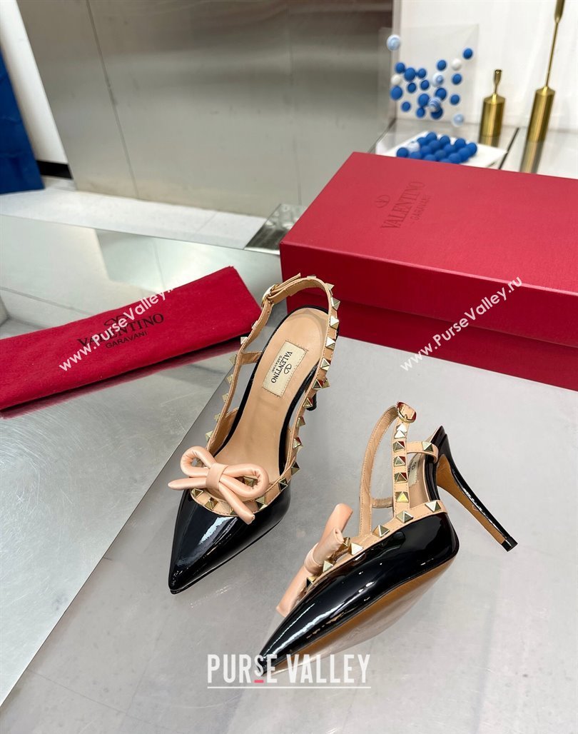 Valentino Rockstud Slingback Pumps 9.5cm with Bow in Patent Calfskin Black/Gold 2024 0328 (XL-240328022)