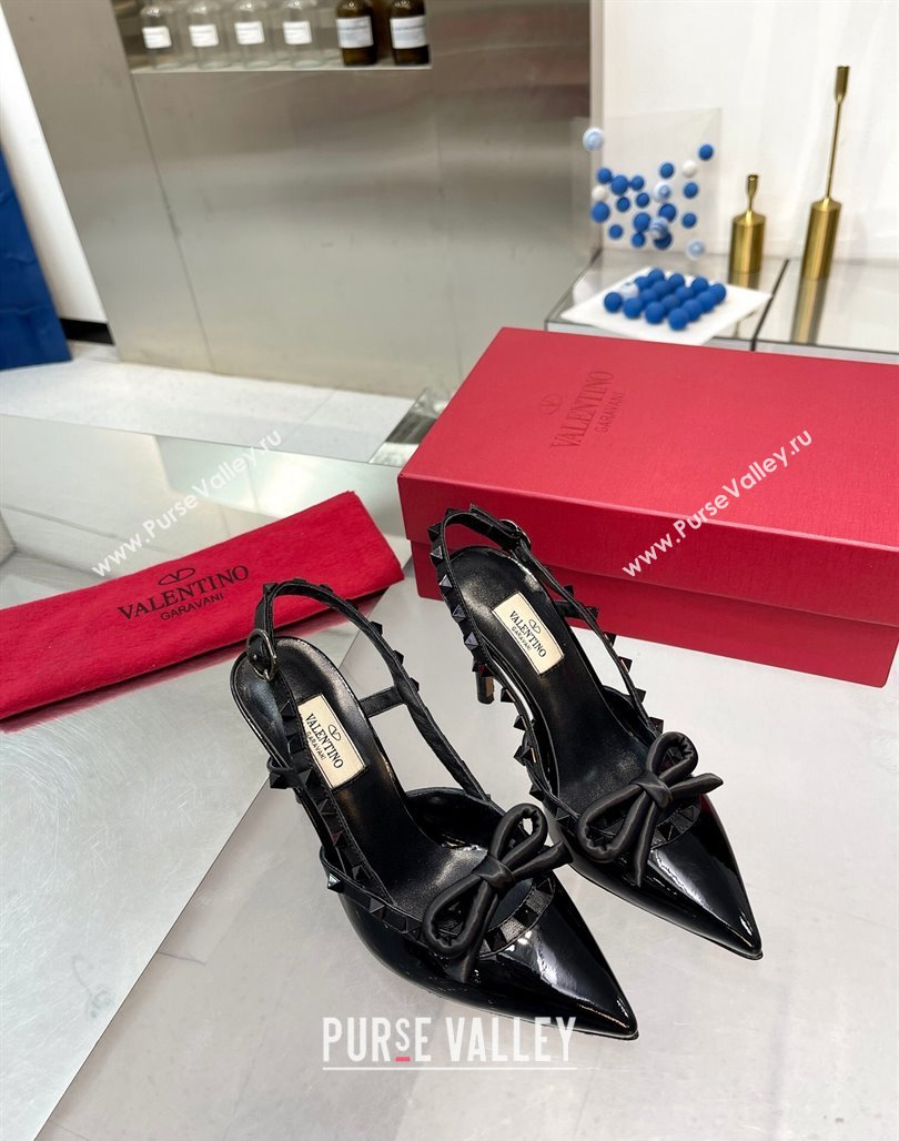 Valentino Rockstud Slingback Pumps 9.5cm with Bow in Patent Calfskin All Black 2024 0328 (XL-240328025)