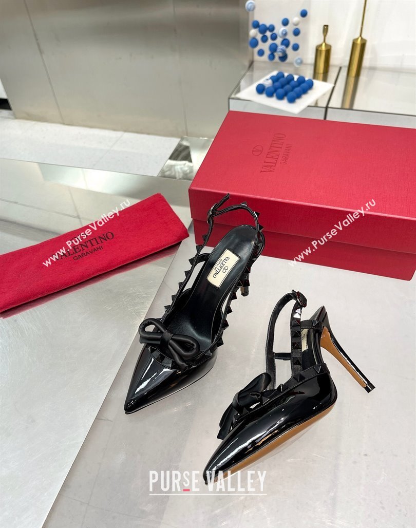 Valentino Rockstud Slingback Pumps 9.5cm with Bow in Patent Calfskin All Black 2024 0328 (XL-240328025)