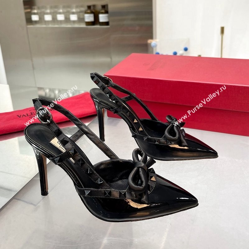 Valentino Rockstud Slingback Pumps 9.5cm with Bow in Patent Calfskin All Black 2024 0328 (XL-240328025)