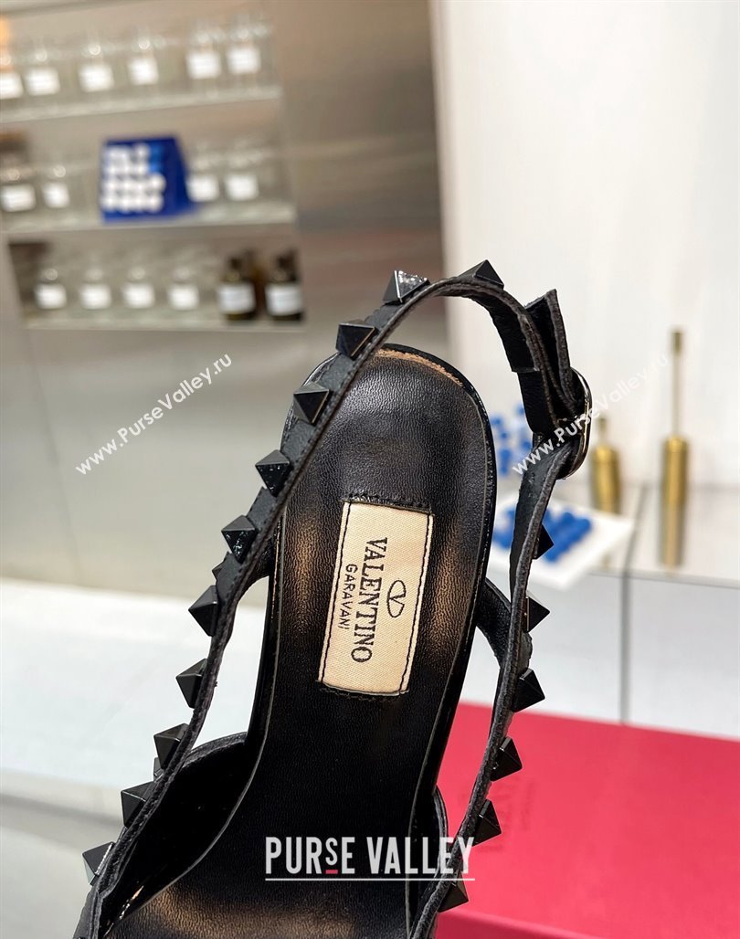 Valentino Rockstud Slingback Pumps 9.5cm with Bow in Patent Calfskin All Black 2024 0328 (XL-240328025)