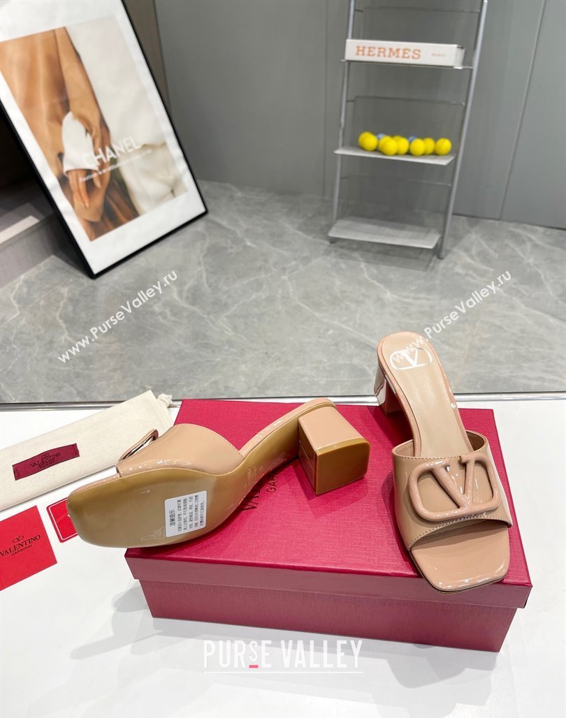 Valentino VLogo Heel Slide Sandals 6cm in Patent Calfskin Dark Nude 2024 0327 (XL-240327169)