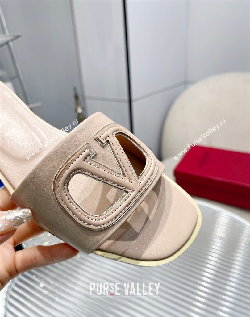 Valentino VLogo Cut-out Calfskin Flat Slide Sandals Beige 2024 (Rubber Outsole) (MD-240429051)