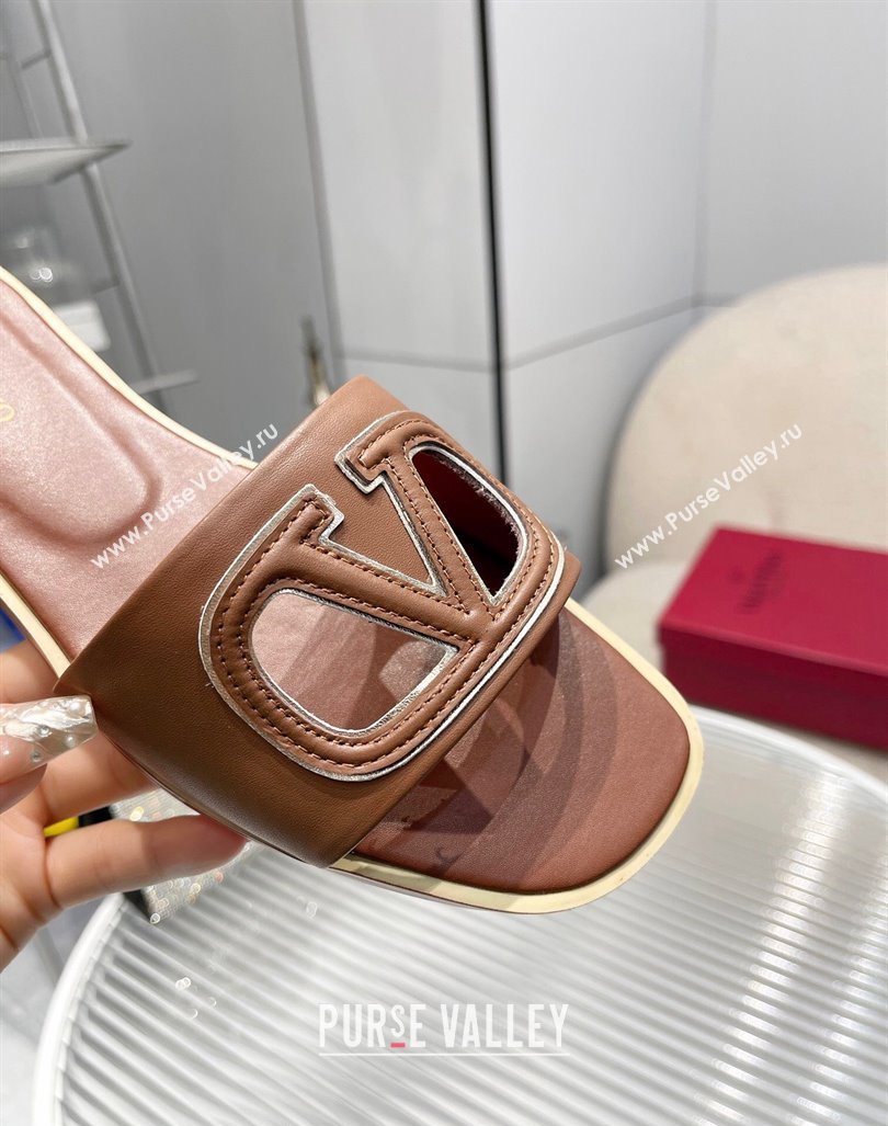 Valentino VLogo Cut-out Calfskin Flat Slide Sandals Brown 2024 (Rubber Outsole) (MD-240429052)