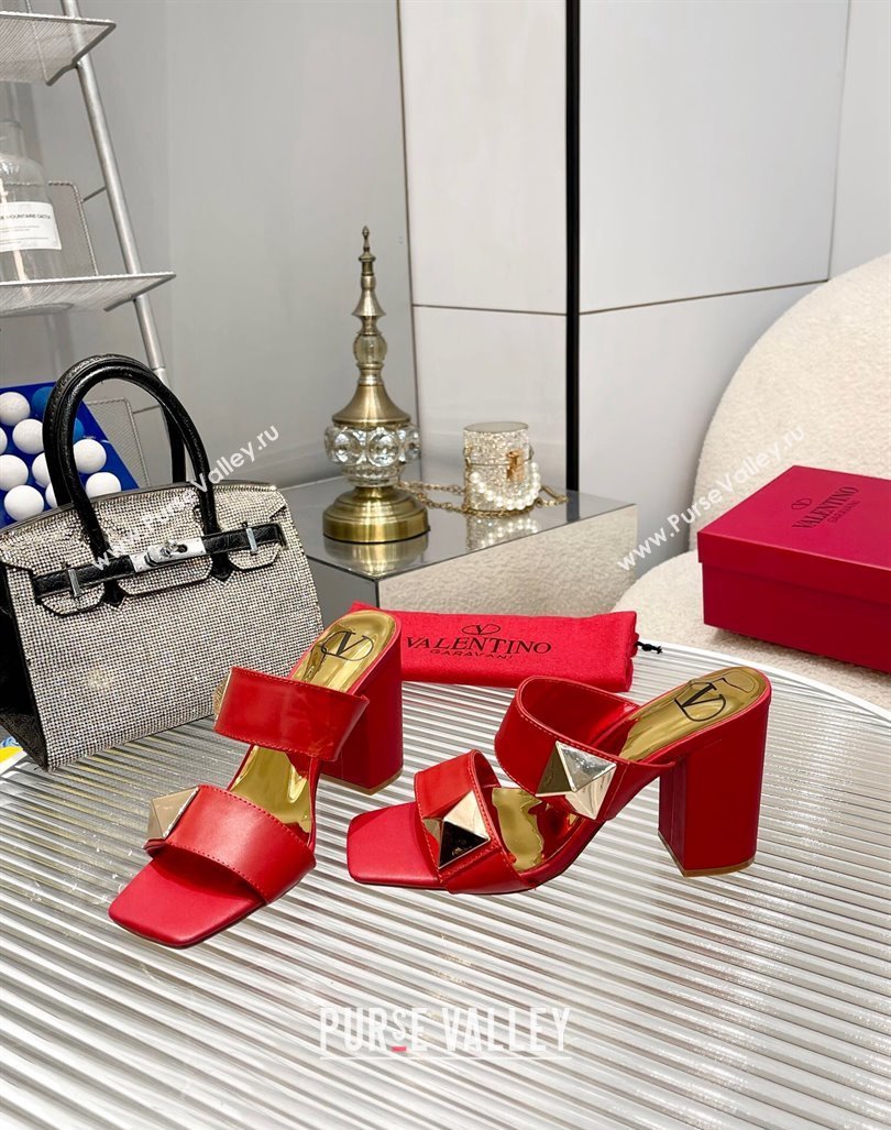 Valentino One Stud Calfskin Heel Slide Sandals 8.5cm Red 2024 042901 (MD-240429024)