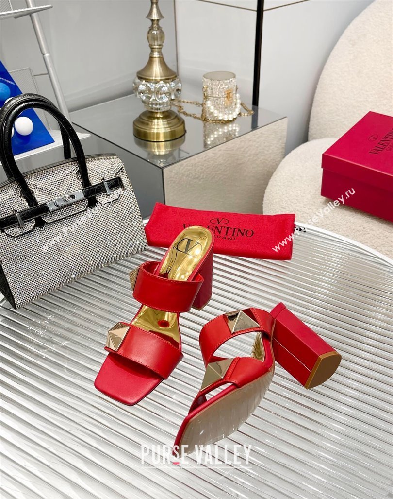Valentino One Stud Calfskin Heel Slide Sandals 8.5cm Red 2024 042901 (MD-240429024)