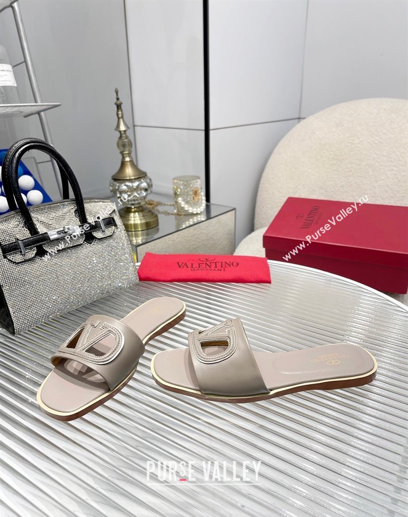 Valentino VLogo Cut-out Calfskin Flat Slide Sandals Grey 2024 (Rubber Outsole) (MD-240429054)