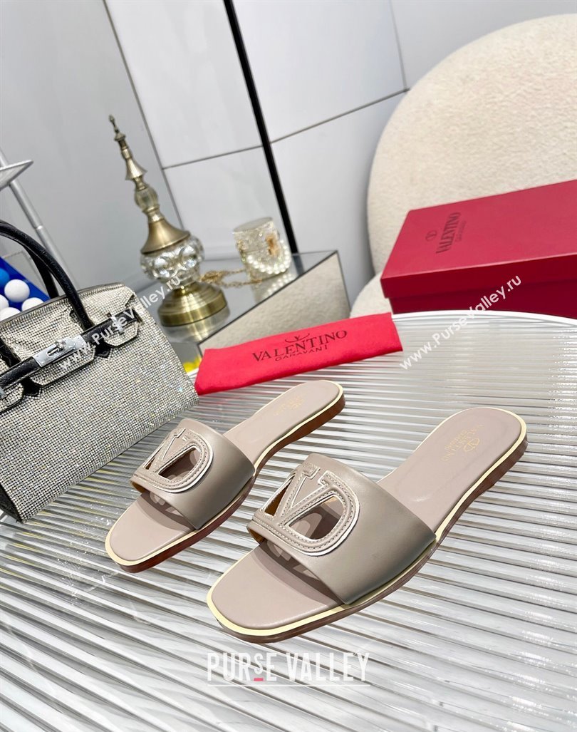 Valentino VLogo Cut-out Calfskin Flat Slide Sandals Grey 2024 (Rubber Outsole) (MD-240429054)