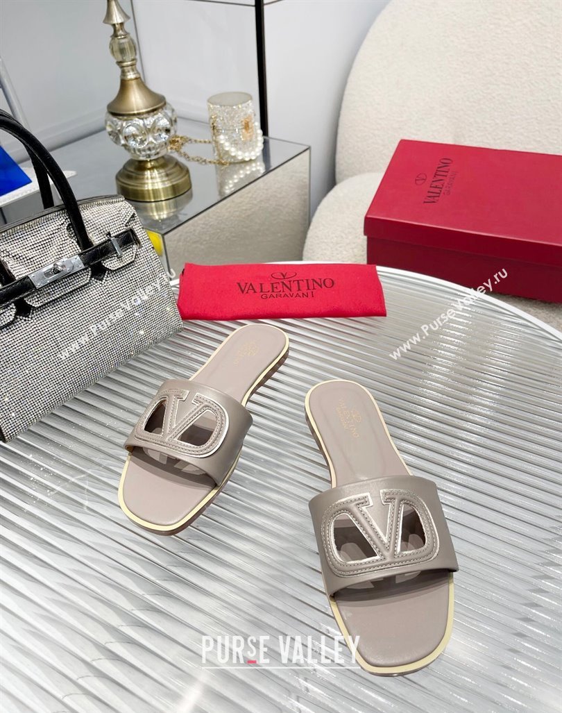 Valentino VLogo Cut-out Calfskin Flat Slide Sandals Grey 2024 (Rubber Outsole) (MD-240429054)