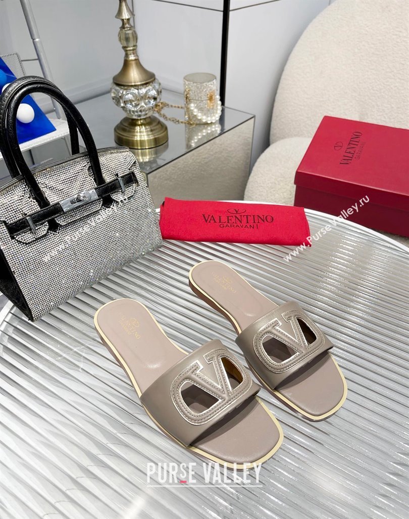 Valentino VLogo Cut-out Calfskin Flat Slide Sandals Grey 2024 (Rubber Outsole) (MD-240429054)